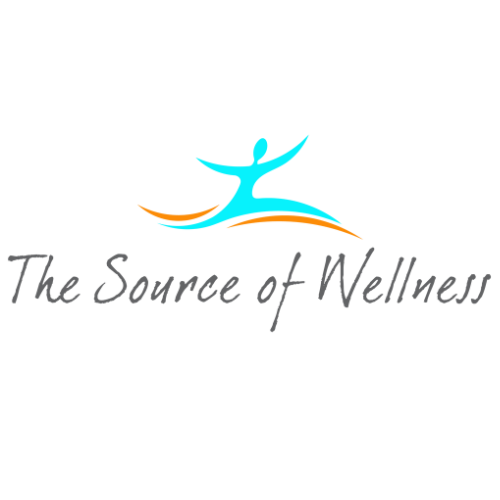 Blue humanoid riding the orange wave logo of The Source of Wellness