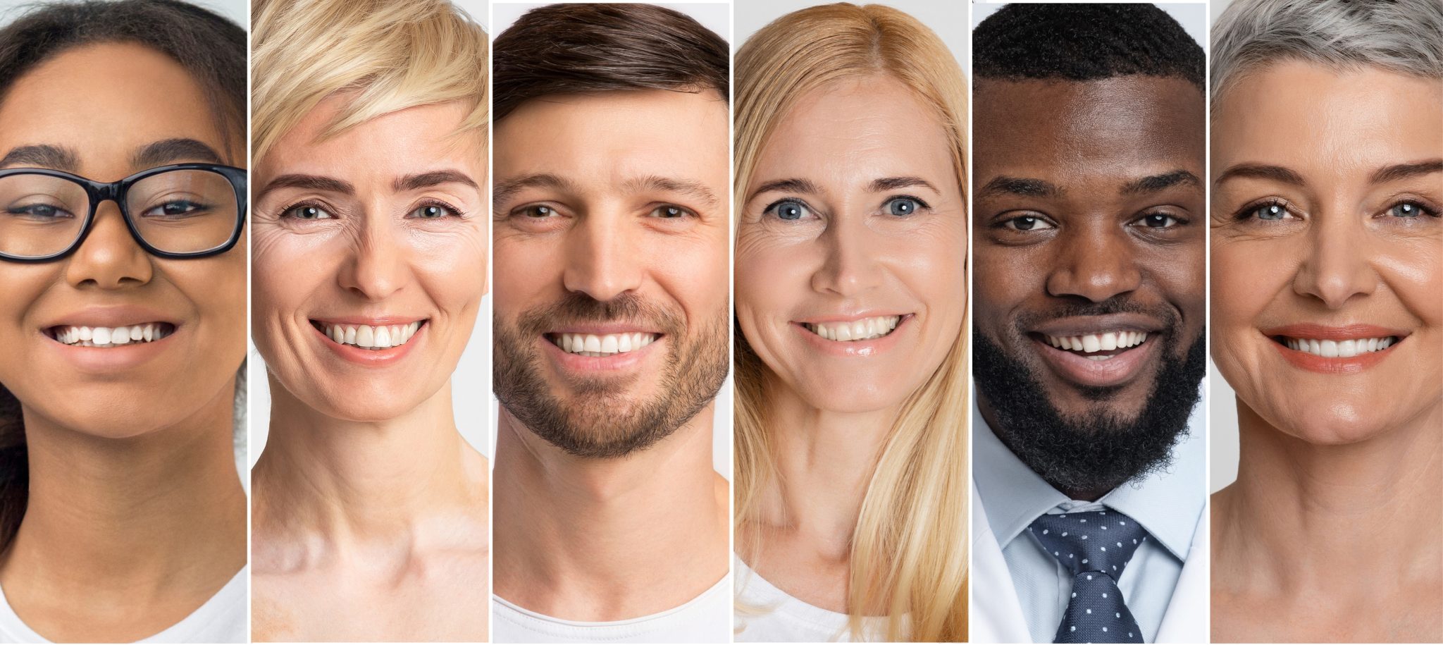 Smiling faces of people of different genders, ages, ethnicities who are clients of The Source of Wellness